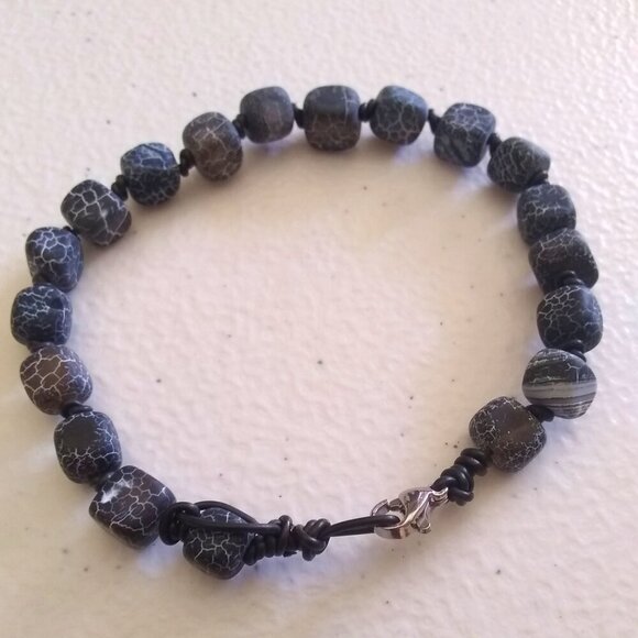Frosted Black Dragonvein Agate Cubes! Hand Knotted Bracelet fits 7.5-8" Wrist - Picture 4 of 7